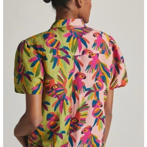 Farm Rio Top Womens Small Bird Printed Shirt Colorful Linen Tropical Boho Chic - Picture 4 of 16